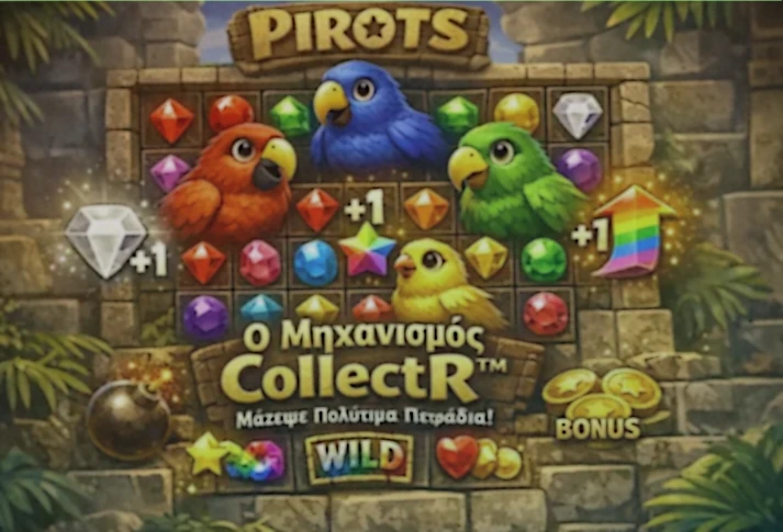 Αναλυτική απεικόνιση του CollectR με κίνηση πουλιών και συλλογή πετραδιών στο πρώτο Pirots