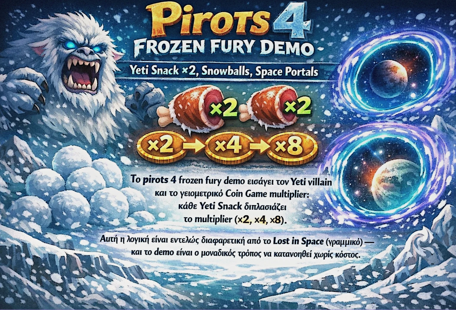 Εικόνα του Pirots 4 Frozen Fury με έμφαση στον παγωμένο κόσμο και τους βασικούς μηχανισμούς του