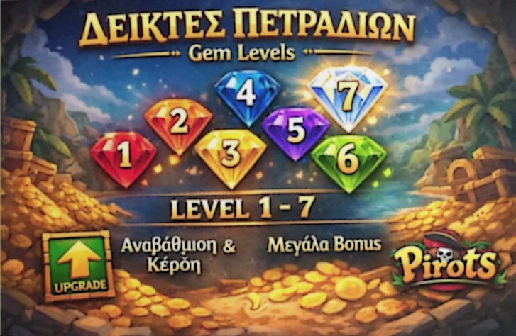 Πίνακας gem levels του Pirots από level 1 έως level 7 με εύρος αξίας ανά πετράδι