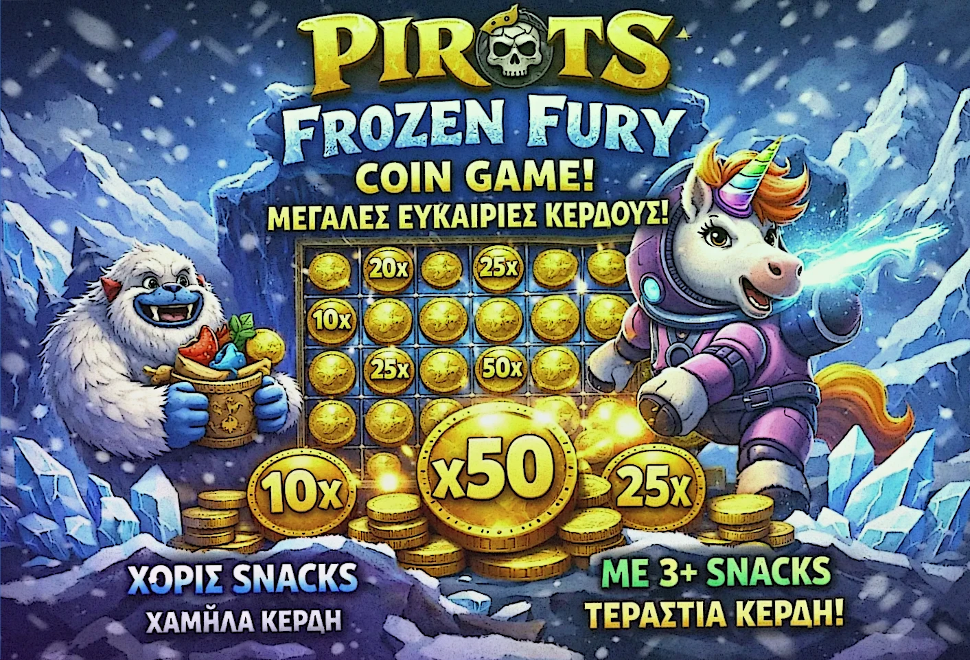 Frozen Fury Coin Game με γεωμετρικό multiplier x2 ανά Yeti Snack στο Pirots 4 Frozen Fury