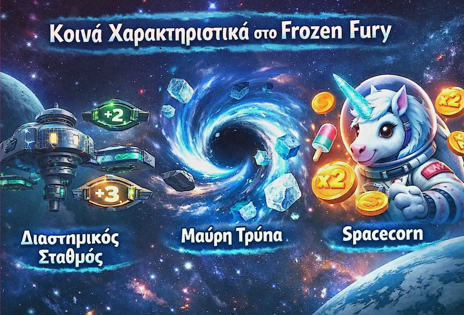 Κοινά Pirots 4 features στο Frozen Fury με Space Station, Black Hole και Spacecorn