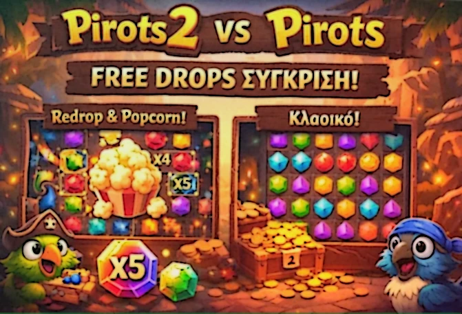 Σύγκριση του Pirots 2 demo με το Pirots 1 στα Free Drops, στο μεγαλύτερο πλέγμα και στα νέα mechanics του δεύτερου μέρους