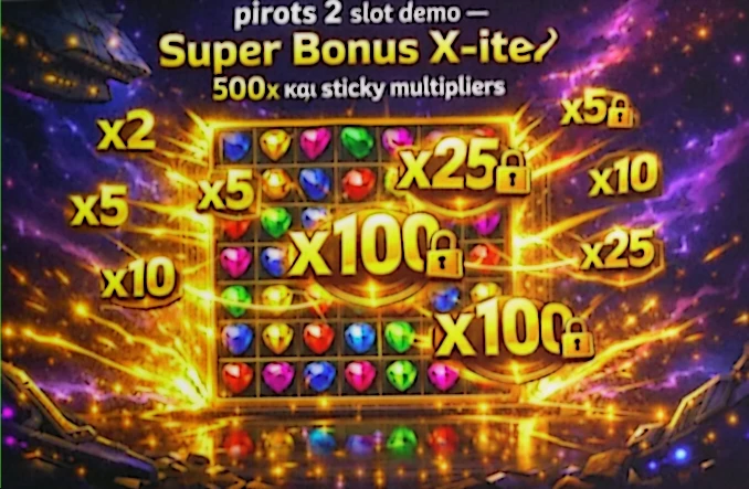 Super Bonus του Pirots 2 demo με sticky multipliers ανά πουλί και X-iter κόστος 500x για δοκιμή χωρίς πραγματικό ρίσκο
