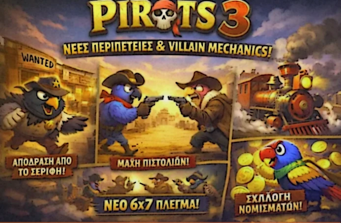 Βασικά τεχνικά στοιχεία του Pirots 3 με RTP 94 τοις εκατό, πλέγμα 6x7 και τέσσερα νέα mechanics της Άγριας Δύσης
