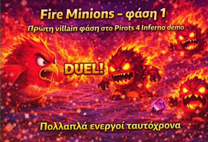 Fire Minions στο Pirots 4 Inferno demo με φλογισμένη κίνηση και μετάβαση προς τον Charlie