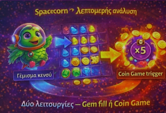 Λεπτομέρεια του Spacecorn feature και του τρόπου που γεμίζει κενές θέσεις πριν από Coin Game trigger