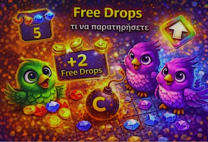 Το Free Drops bonus στο Pirots demo με διατήρηση των gem levels από τον γύρο trigger