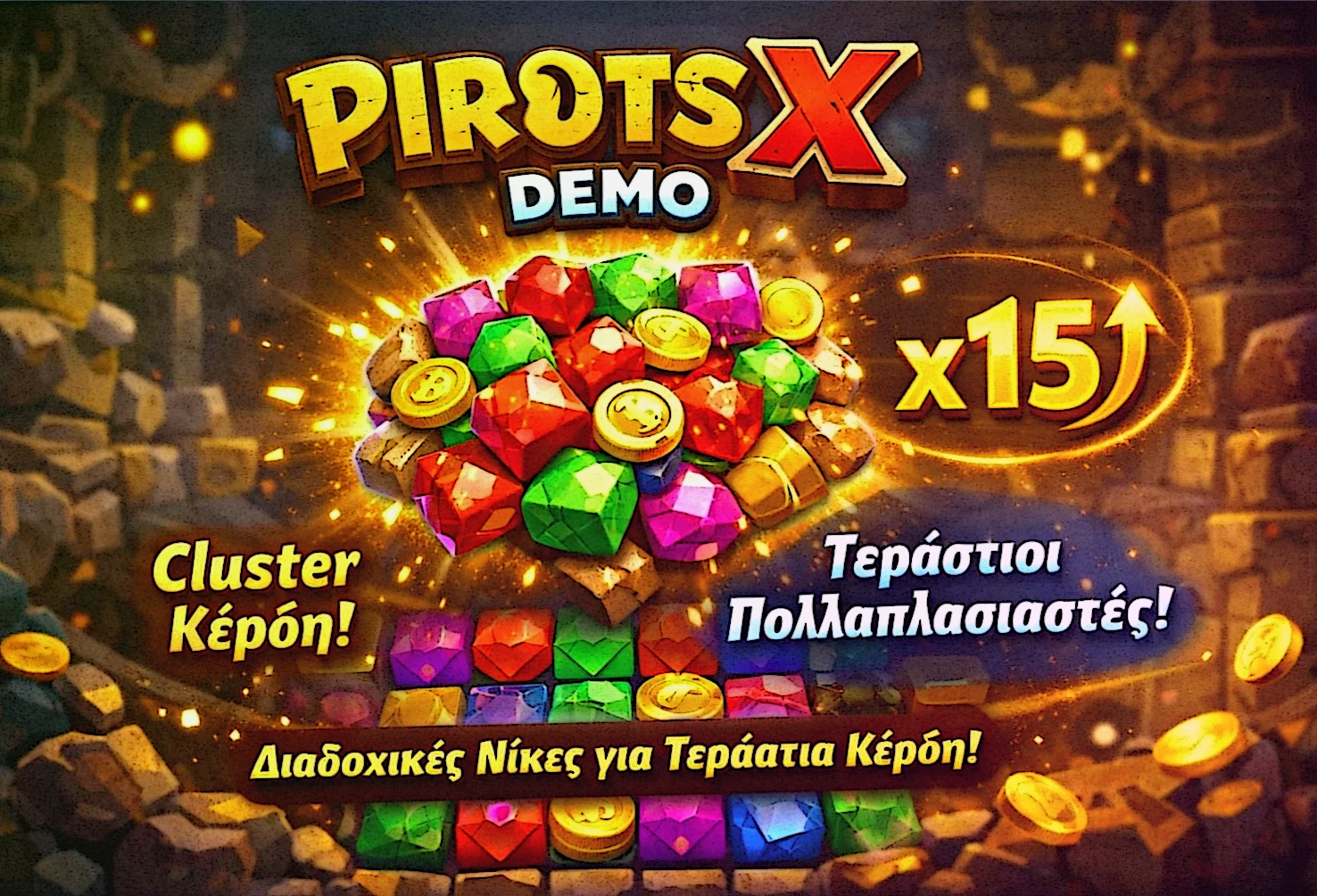 Pirots X demo με λογική cluster pays και παράδειγμα σύνδεσης γειτονικών ίδιων συμβόλων
